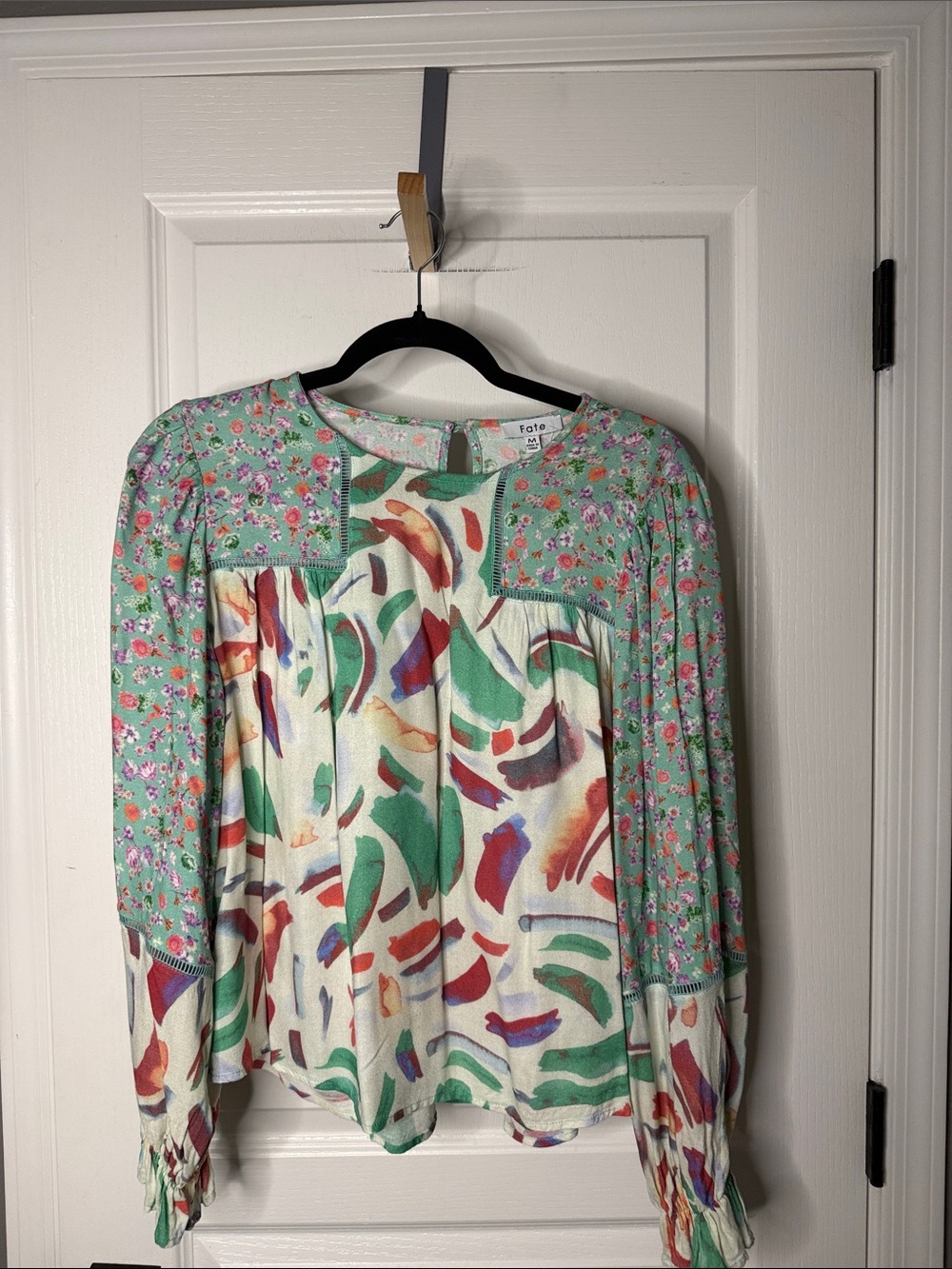 Fate Mint Floral Yoke Multicolor Brushstroke Blouse